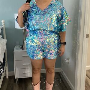 Rosa Bloom Florence Sequin Cape Top and Juno Sequin Shorts - Amethyst